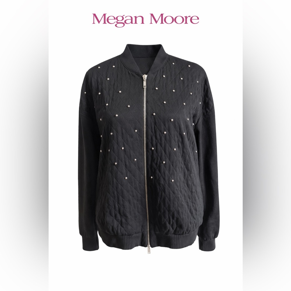 Megan Moore Black Quilted Studded Bomber Jacket Zip Front L